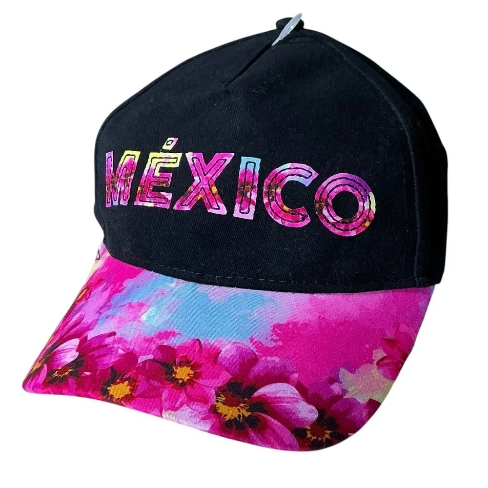 Mexico Baseball Hat Trucker Cap Tropical Island Theme Women Black Pink NWT OS